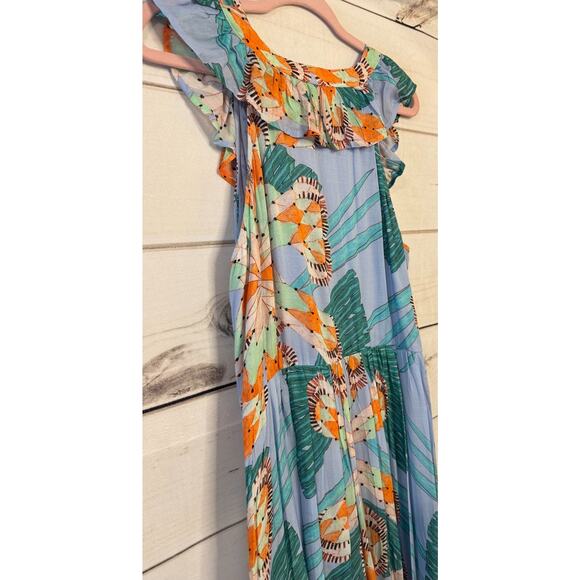 Oliphant Size Large Maxi Dress Sleeveless Fun Flirty Ruffles Tropical - Picture 3 of 6